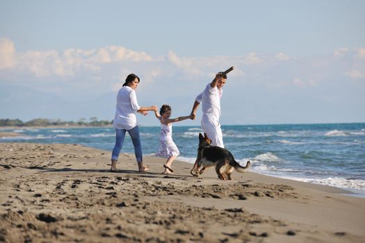 happy young family in white clothing have fun and play with beautiful dog at vacations on beautiful beach 