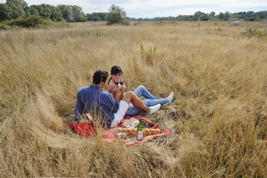 happy young couple enjoying  picnic on the countryside in the field  and have good time