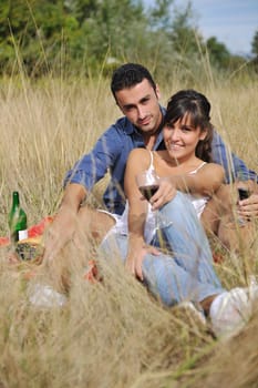 happy young couple enjoying  picnic on the countryside in the field  and have good time