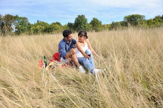 happy young couple enjoying  picnic on the countryside in the field  and have good time