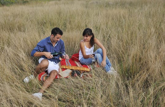 happy young couple enjoying  picnic on the countryside in the field  and have good time