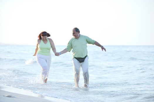 happy senior mature elderly people couple have romantic time on beach at sunset 