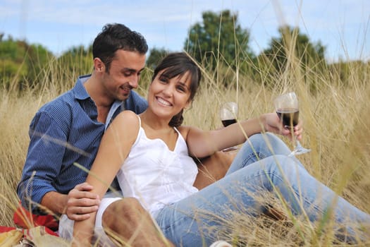 happy young couple enjoying  picnic on the countryside in the field  and have good time