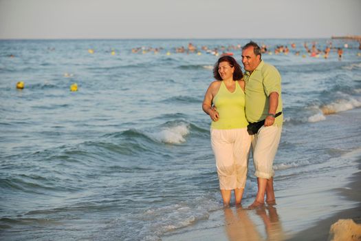 happy senior mature elderly people couple have romantic time on beach at sunset 