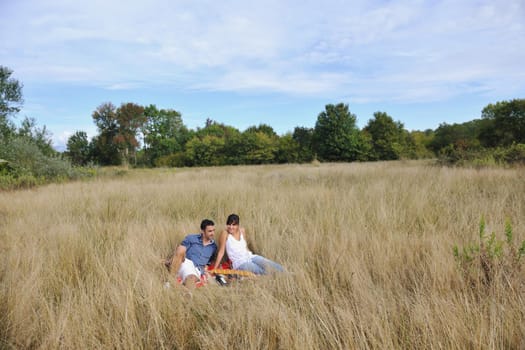 happy young couple enjoying  picnic on the countryside in the field  and have good time