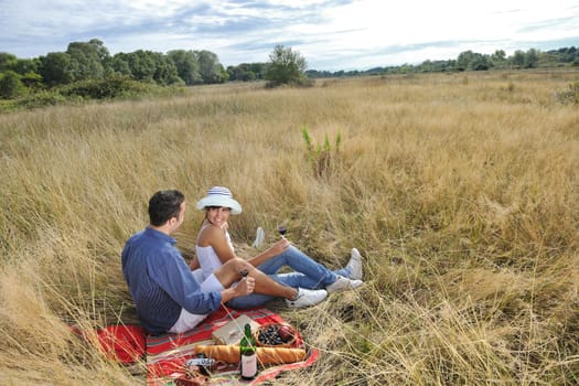 happy young couple enjoying  picnic on the countryside in the field  and have good time