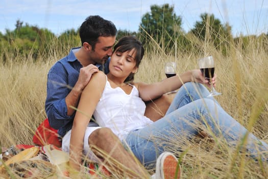 happy young couple enjoying  picnic on the countryside in the field  and have good time