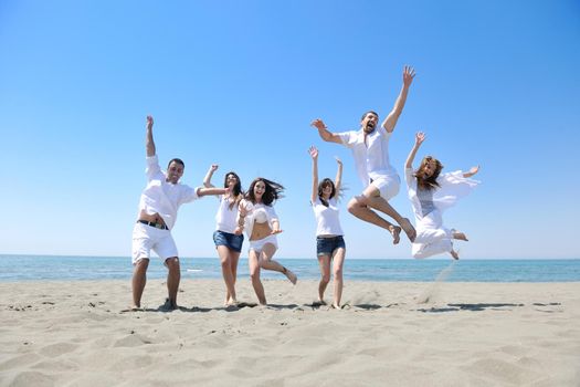 happy young people group have fun  run and jump  on beach beautiful sand  beach