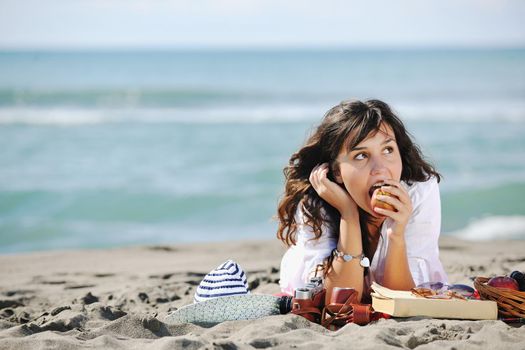 happy young woman relax onbeautiful  beach at morning