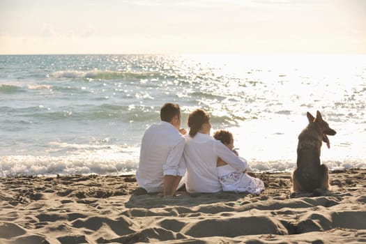 happy young family in white clothing have fun and play with beautiful dog at vacations on beautiful beach 