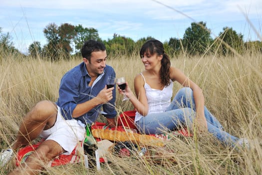 happy young couple enjoying  picnic on the countryside in the field  and have good time