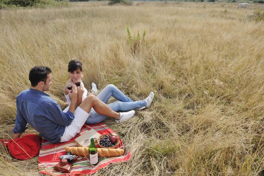 happy young couple enjoying  picnic on the countryside in the field  and have good time