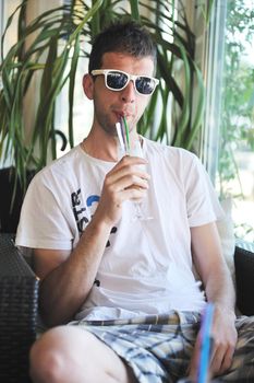 man drink fresh morning coffee in restaurant