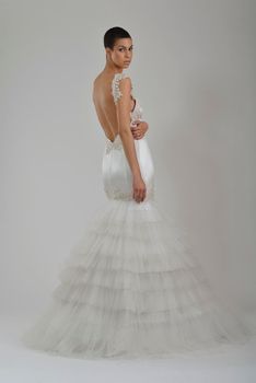 elegant woman in  fashionable  stylish dress posing in the studio