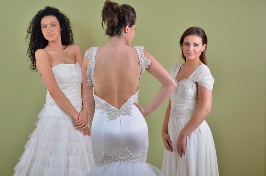 portrait of a three beautiful woman in wedding dress, bride and her friends bridesmaid