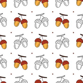 Color and black and white icons of acorns hand drawn. Minimalistic endless pattern on a white background. Autumn seamless texture