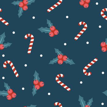 Seamless flat pattern design - Christmas candy and holly plant on a dark blue background. For holiday packaging or fabric