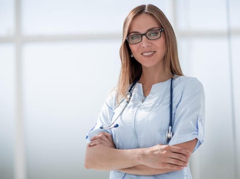 close up.portrait of medical doctor woman in the background of the hall .photo with copy space