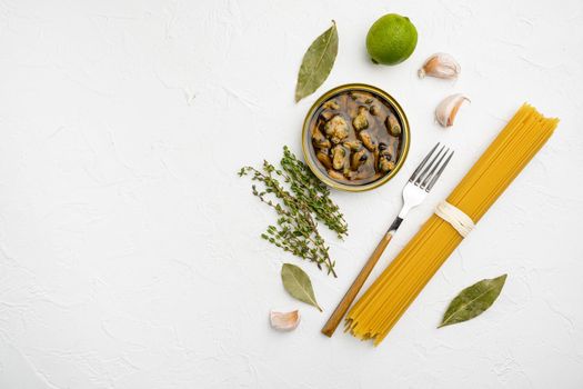 Ingredients for preparation spaghetti with calms or mussels set, on white stone table background, top view flat lay, with copy space for text