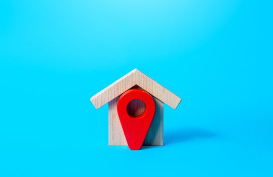 House and red location pin icon. Concept of finding a home to buy or rent. House moving company. Search for housing options. Tracking and navigation. Purchase. Realtor services. Delivery place.