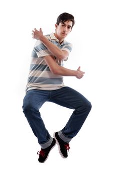 young boy man teen dancing and jumping isolated on white background in studio