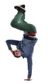 young boy man teen dancing and jumping isolated on white background in studio