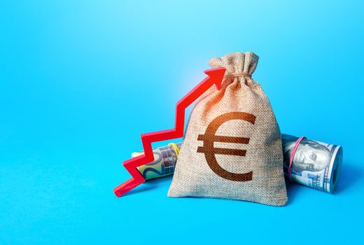 Euro money bag and red up arrow. Economic growth, GDP. Rise in profits, budget fees. Investments. Increase in the deposit rate. Increase income and business efficiency. Inflation acceleration.