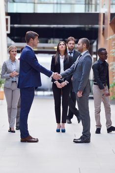 young multi ethnic business people group walking standing and top view