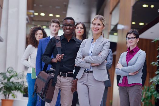 young multi ethnic business people group walking standing and top view