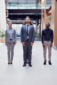 young multi ethnic business people group walking standing and top view