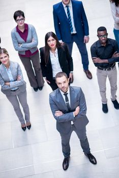 young multi ethnic business people group walking standing and top view