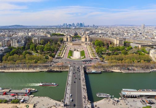 Aerial view of Paris city and Seine river from Eiffel Tower. France. April 2019