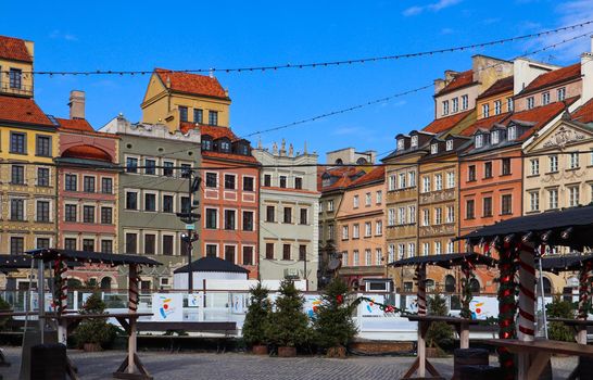 Warsaw / Poland - February 27, 2019: Market Square of the Old Town with Christmas decorations at the end of winter