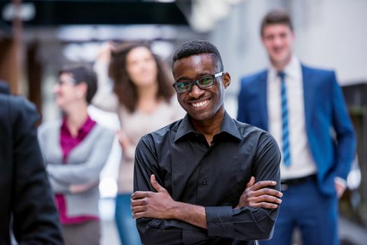 young multi ethnic business people group walking standing and top view