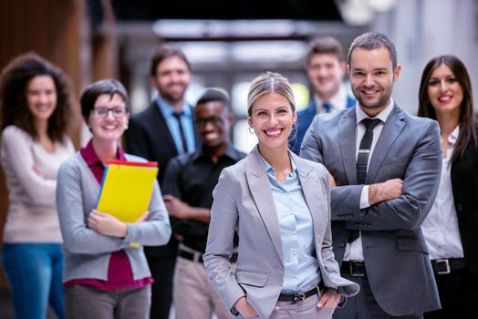 young multi ethnic business people group walking standing and top view