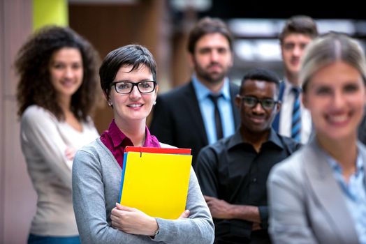 young multi ethnic business people group walking standing and top view