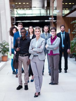 young multi ethnic business people group walking standing and top view