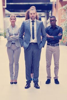 young multi ethnic business people group walking standing and top view