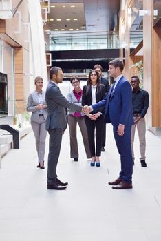 young multi ethnic business people group walking standing and top view