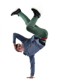 young boy man teen dancing and jumping isolated on white background in studio