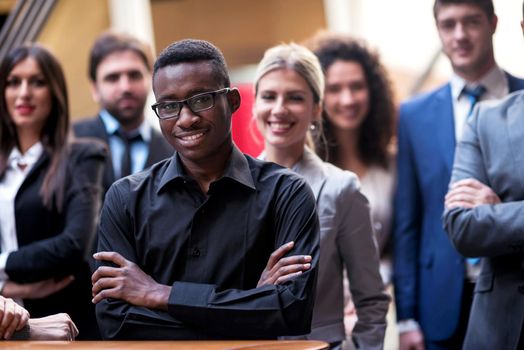 young multi ethnic business people group walking standing and top view