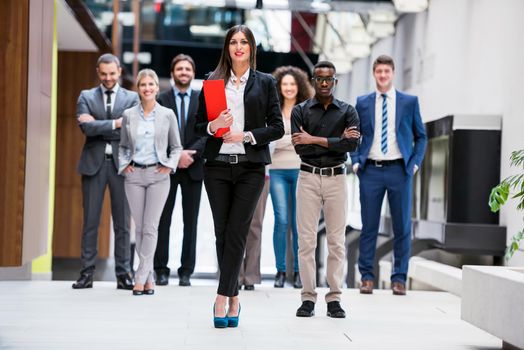 young multi ethnic business people group walking standing and top view