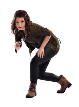 young woman dancing isolated on white background