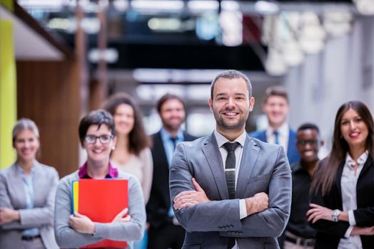 young multi ethnic business people group walking standing and top view