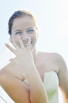 happy young beautiful bride after wedding ceremony event have fun 