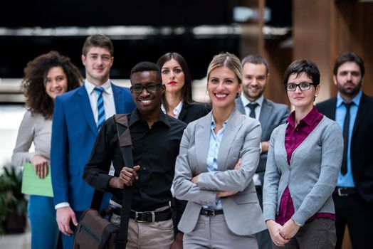 young multi ethnic business people group walking standing and top view