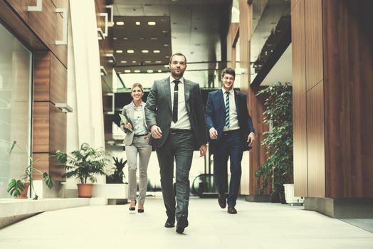 young multi ethnic business people group walking standing and top view