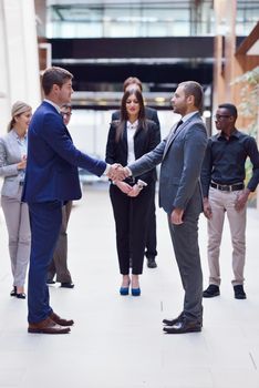 young multi ethnic business people group walking standing and top view