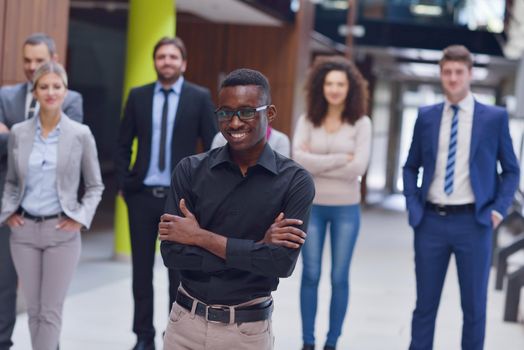 young multi ethnic business people group walking standing and top view