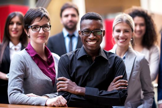 young multi ethnic business people group walking standing and top view